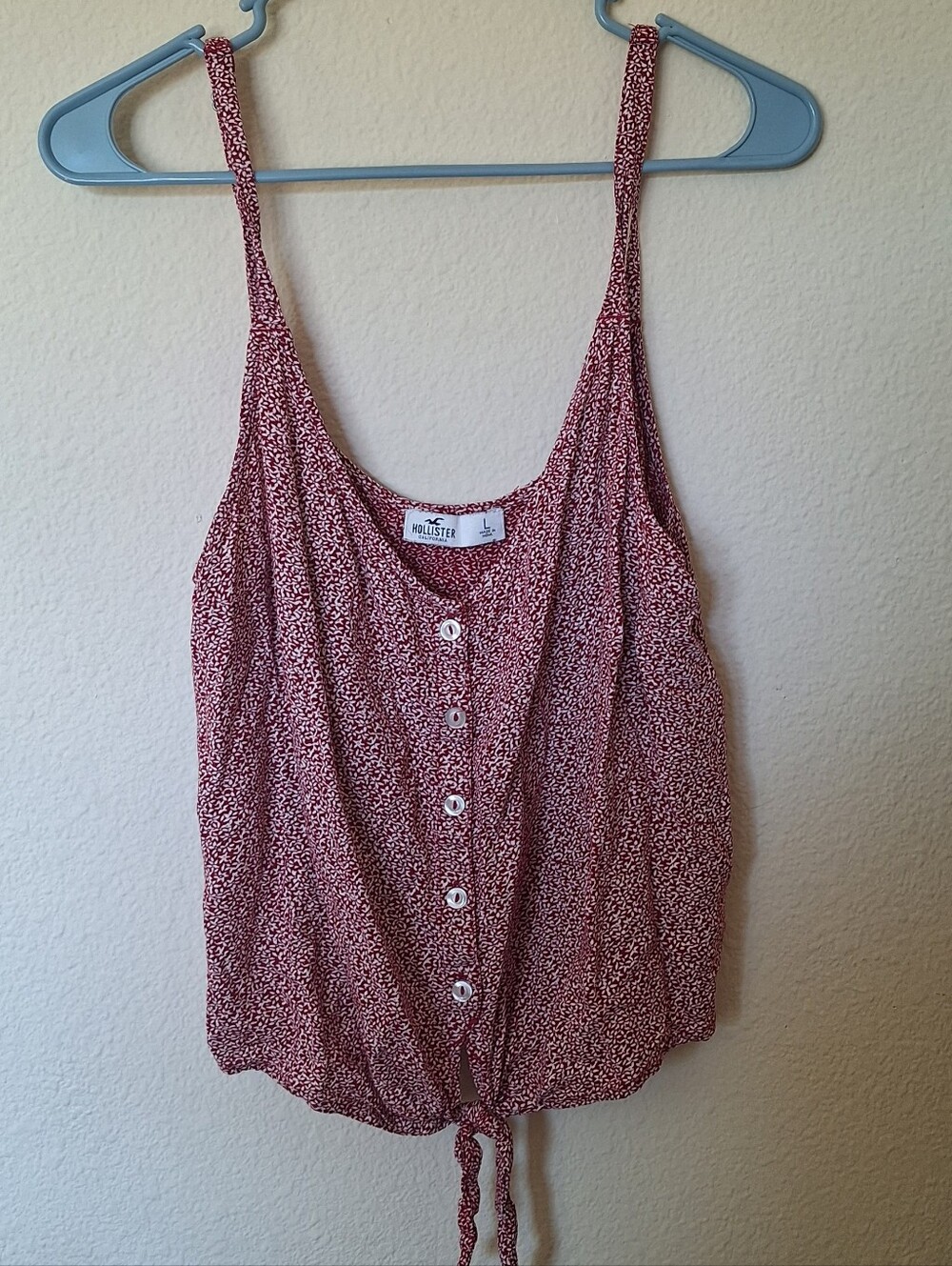 Hollister Red Micro-Print Button-Front Tie Tank